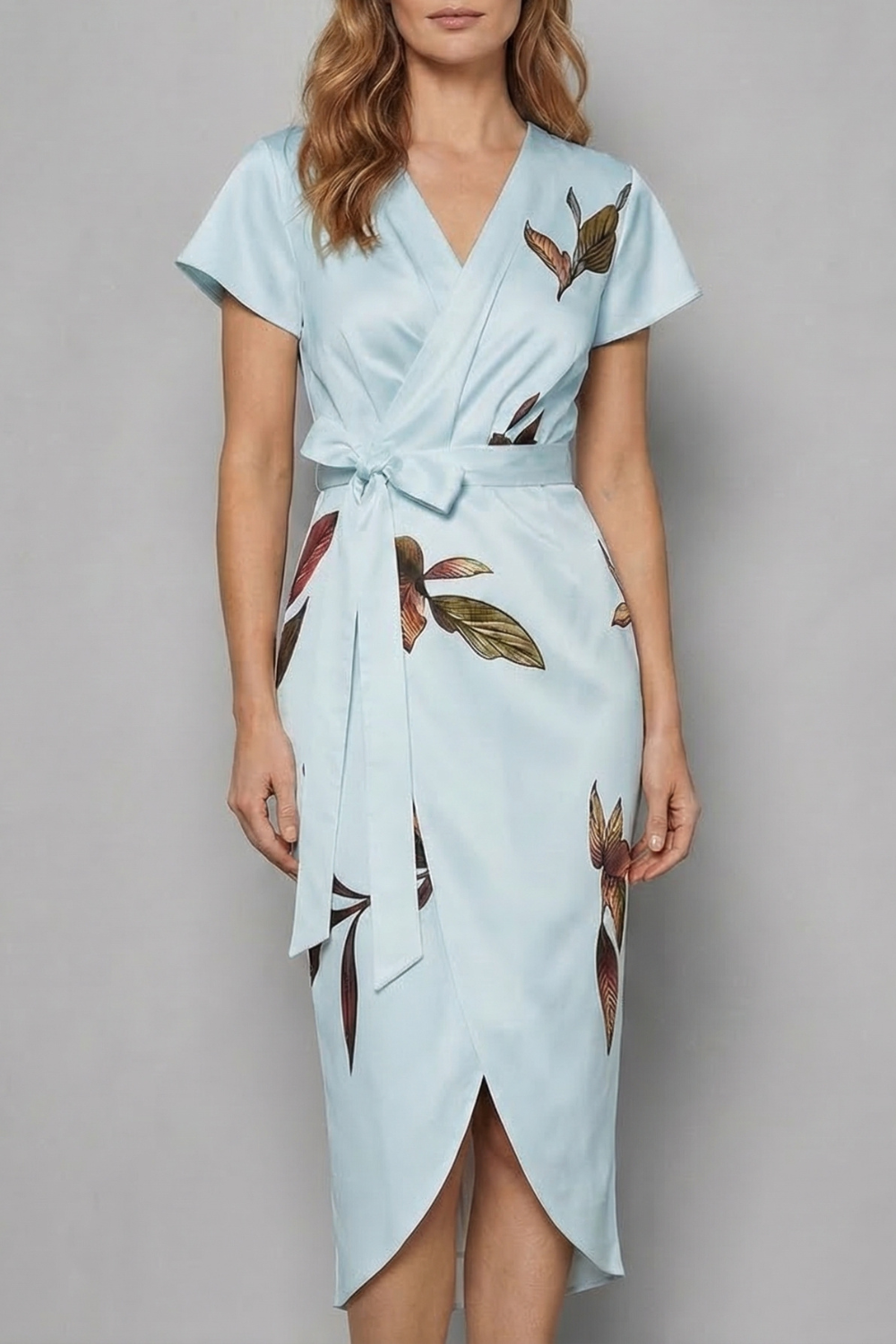 Harriet | Midi Wrap Dress Ivory Leaf Print Satin Short Sleeve for Women