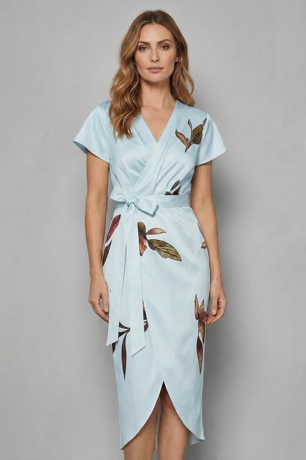 Harriet | Midi Wrap Dress Ivory Leaf Print Satin Short Sleeve for Women