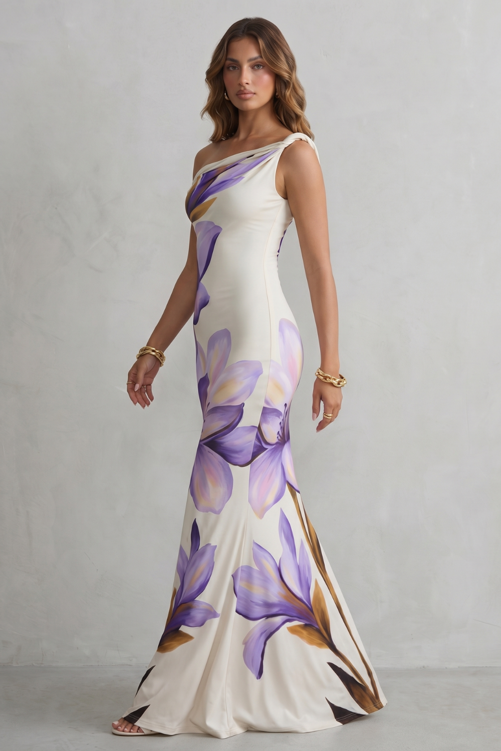 Theodora | Maxi Dress Cream Purple Floral Print Off-Shoulder Mermaid for Women