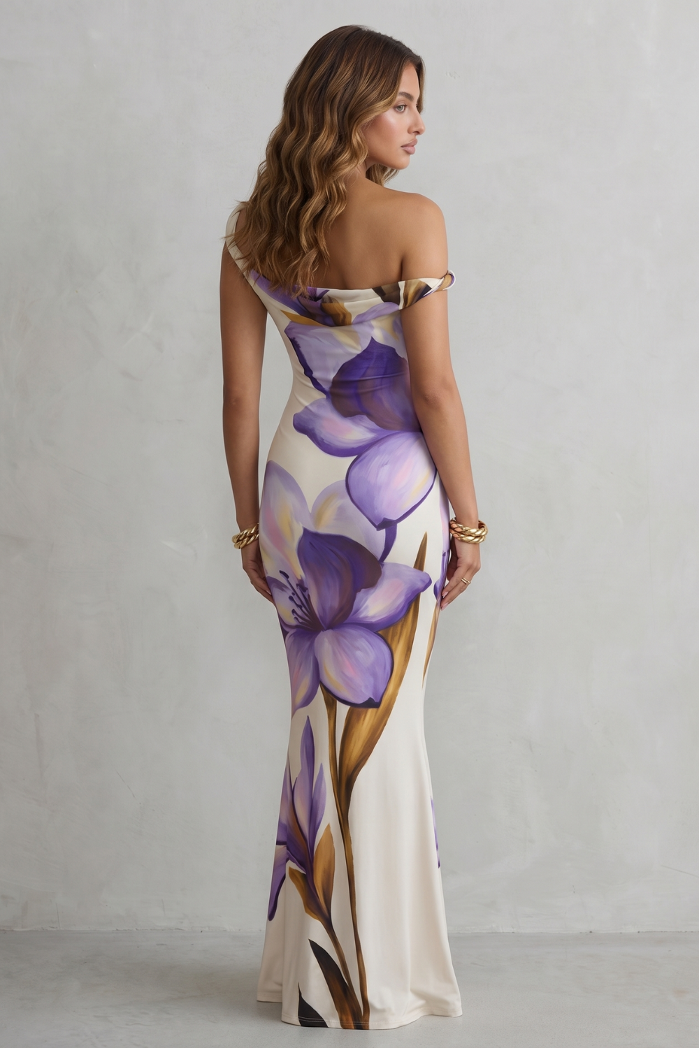Theodora | Maxi Dress Cream Purple Floral Print Off-Shoulder Mermaid for Women