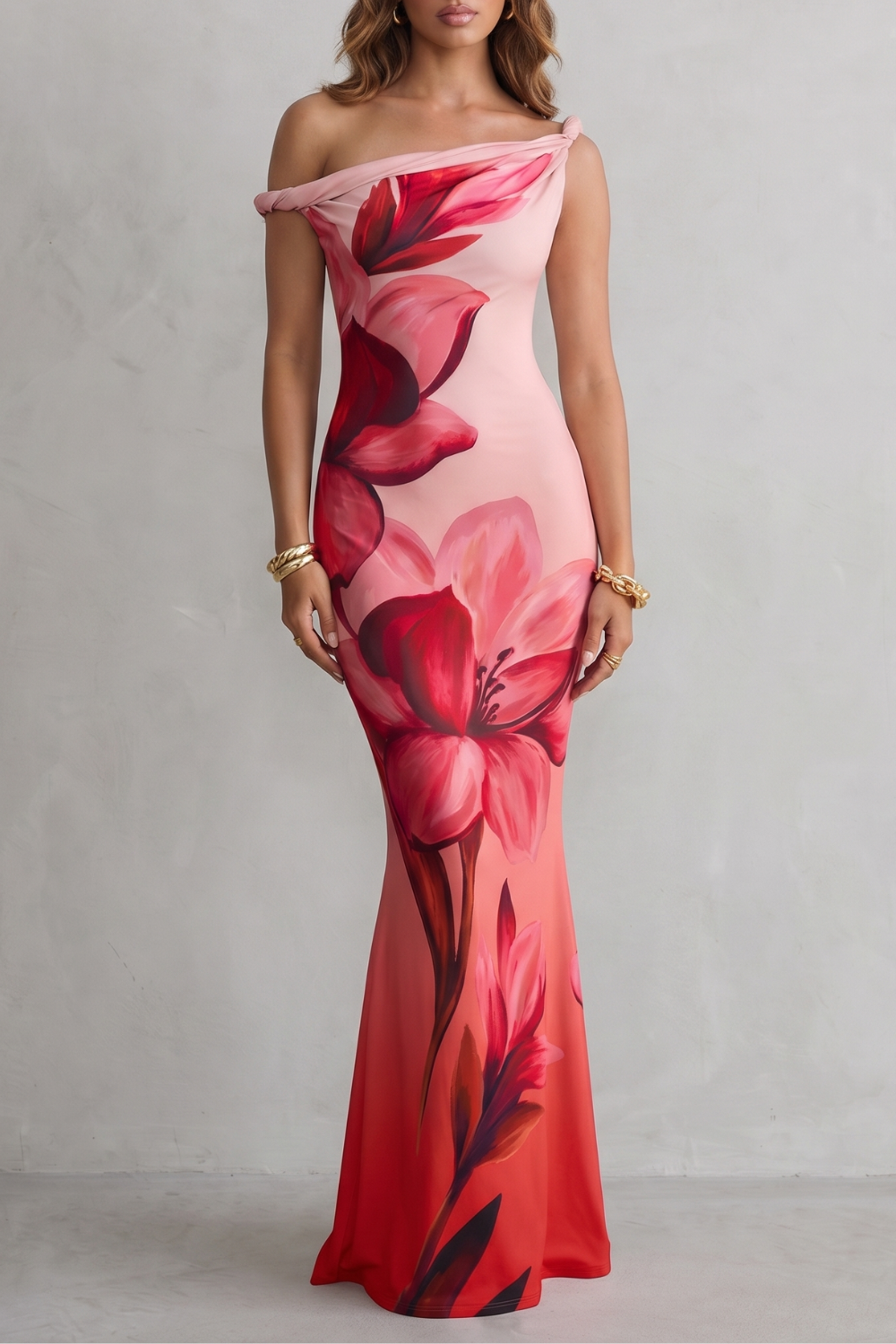 Theodora | Maxi Dress Cream Purple Floral Print Off-Shoulder Mermaid for Women