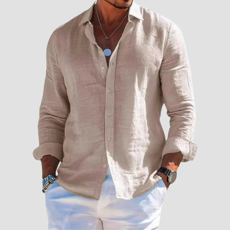 George | Linen Shirt Navy Blue Button-Down Long Sleeve for Men