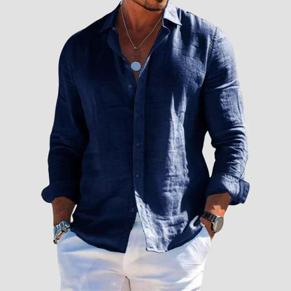 George | Linen Shirt Navy Blue Button-Down Long Sleeve for Men
