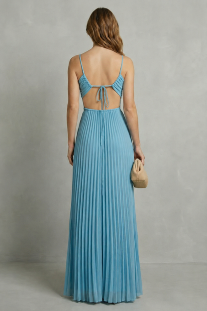 Isadora | Maxi Dress Sky Blue Pleated Cut-Out Halter for Women