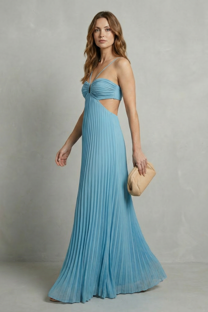 Isadora | Maxi Dress Sky Blue Pleated Cut-Out Halter for Women