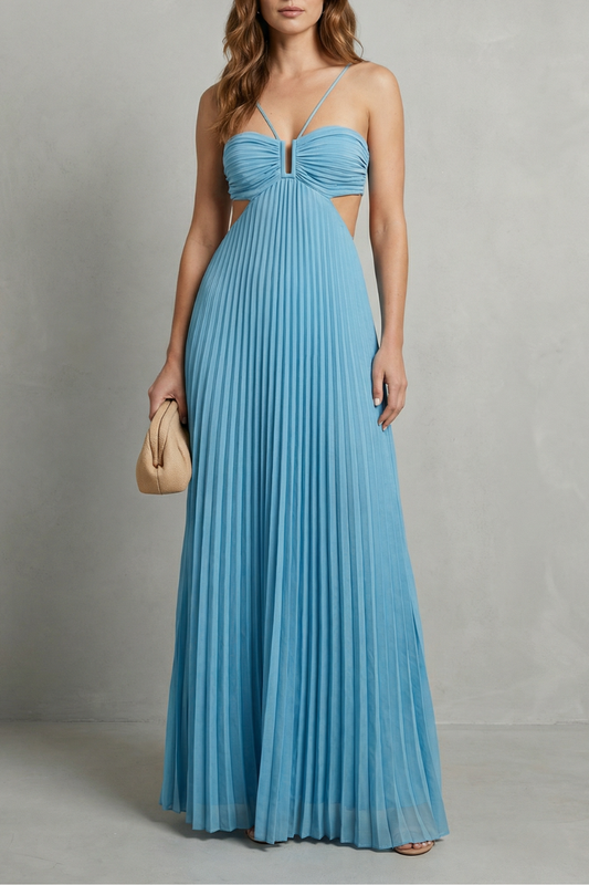 Isadora | Maxi Dress Sky Blue Pleated Cut-Out Halter for Women