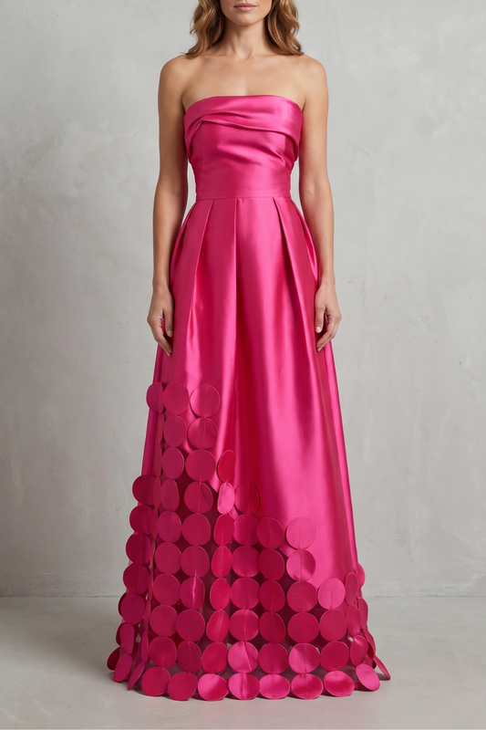 Adelaide | Maxi Dress Hot Pink Satin Strapless Circle Appliqué for Women