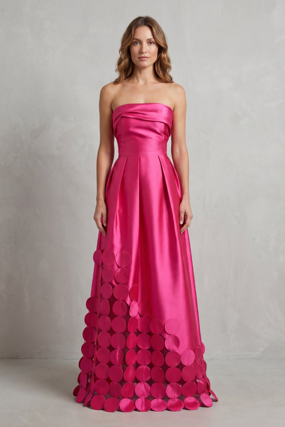 Adelaide | Maxi Dress Hot Pink Satin Strapless Circle Appliqué for Women