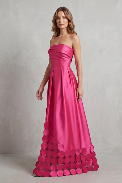 Adelaide | Maxi Dress Hot Pink Satin Strapless Circle Appliqué for Women