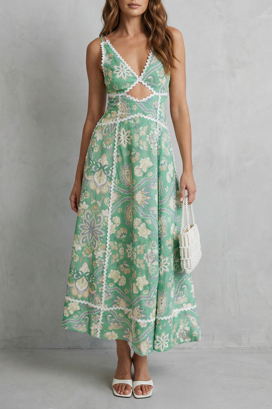 Arden | Maxi Dress Green Floral Linen Blend Cutout V-Neck for Women
