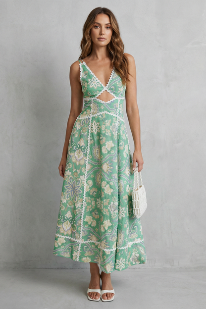 Arden | Maxi Dress Green Floral Linen Blend Cutout V-Neck for Women