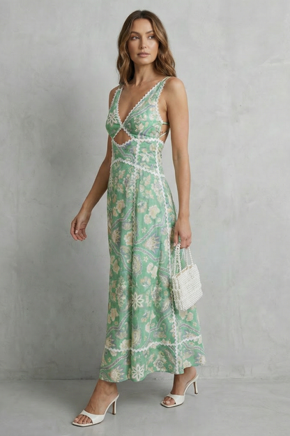 Arden | Maxi Dress Green Floral Linen Blend Cutout V-Neck for Women