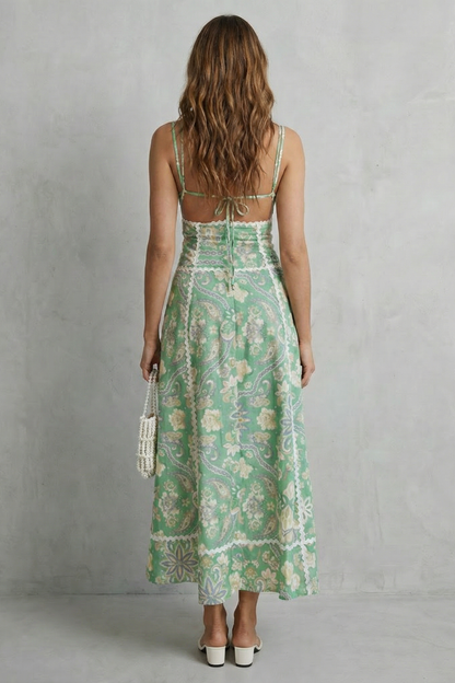 Arden | Maxi Dress Green Floral Linen Blend Cutout V-Neck for Women