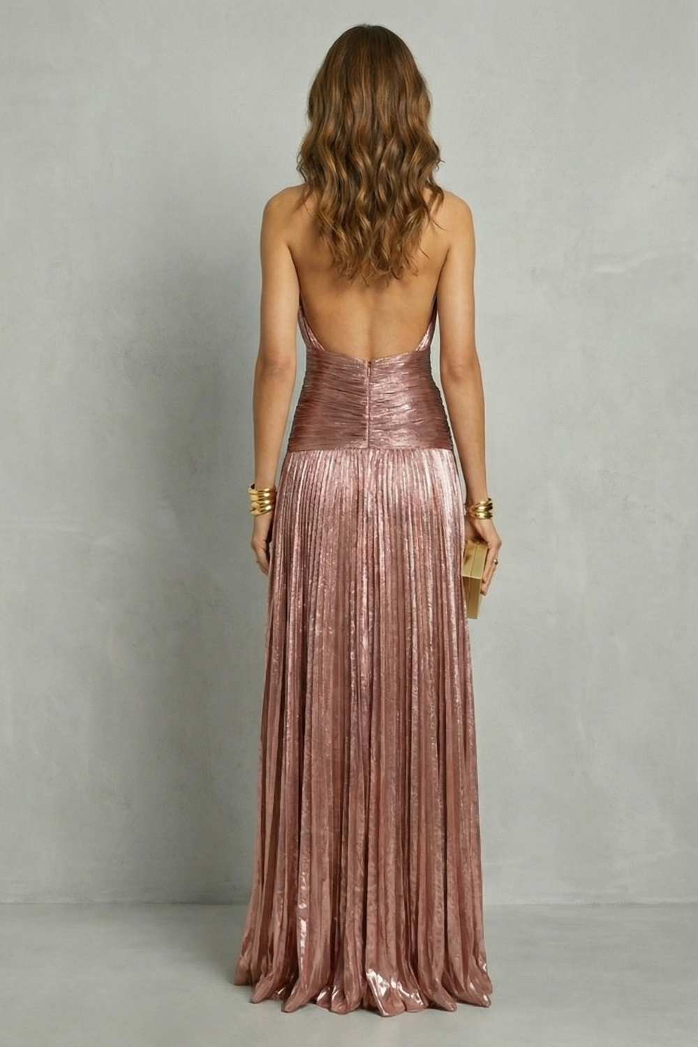 Rosalind | Maxi Dress Rose Gold Metallic Pleated Halter Neck for Women