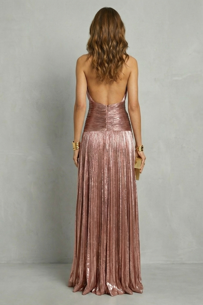 Rosalind | Maxi Dress Rose Gold Metallic Pleated Halter Neck for Women