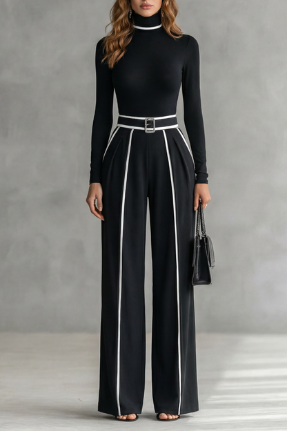 Phoebe | Long Sleeve Jumpsuit Black White Contrast Piping Turtleneck for Women
