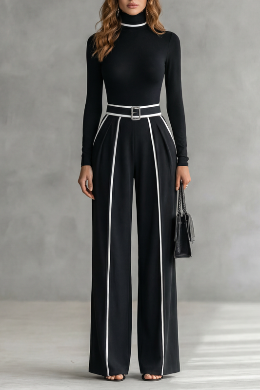 Phoebe | Long Sleeve Jumpsuit Black White Contrast Piping Turtleneck for Women