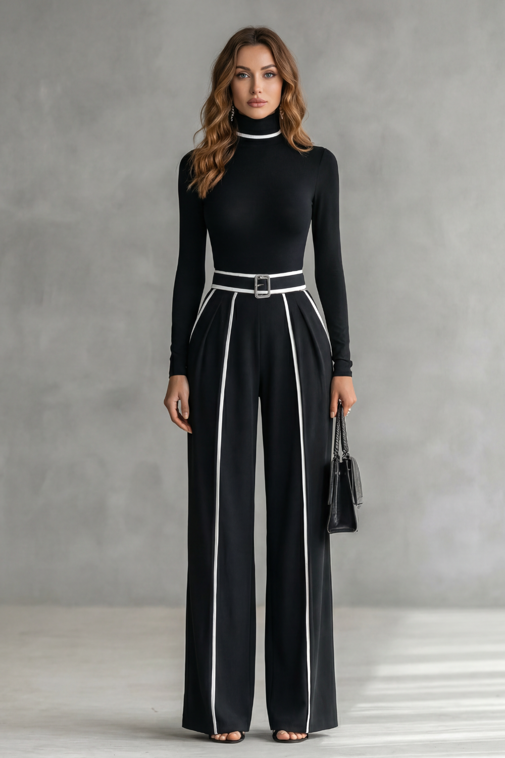 Phoebe | Long Sleeve Jumpsuit Black White Contrast Piping Turtleneck for Women
