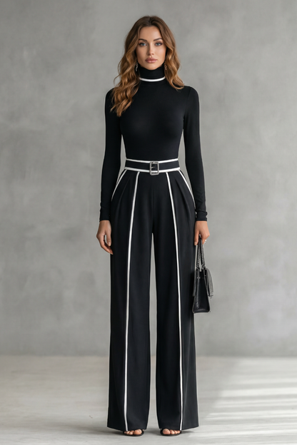 Phoebe | Long Sleeve Jumpsuit Black White Contrast Piping Turtleneck for Women