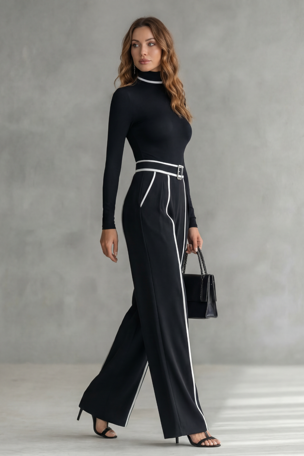Phoebe | Long Sleeve Jumpsuit Black White Contrast Piping Turtleneck for Women