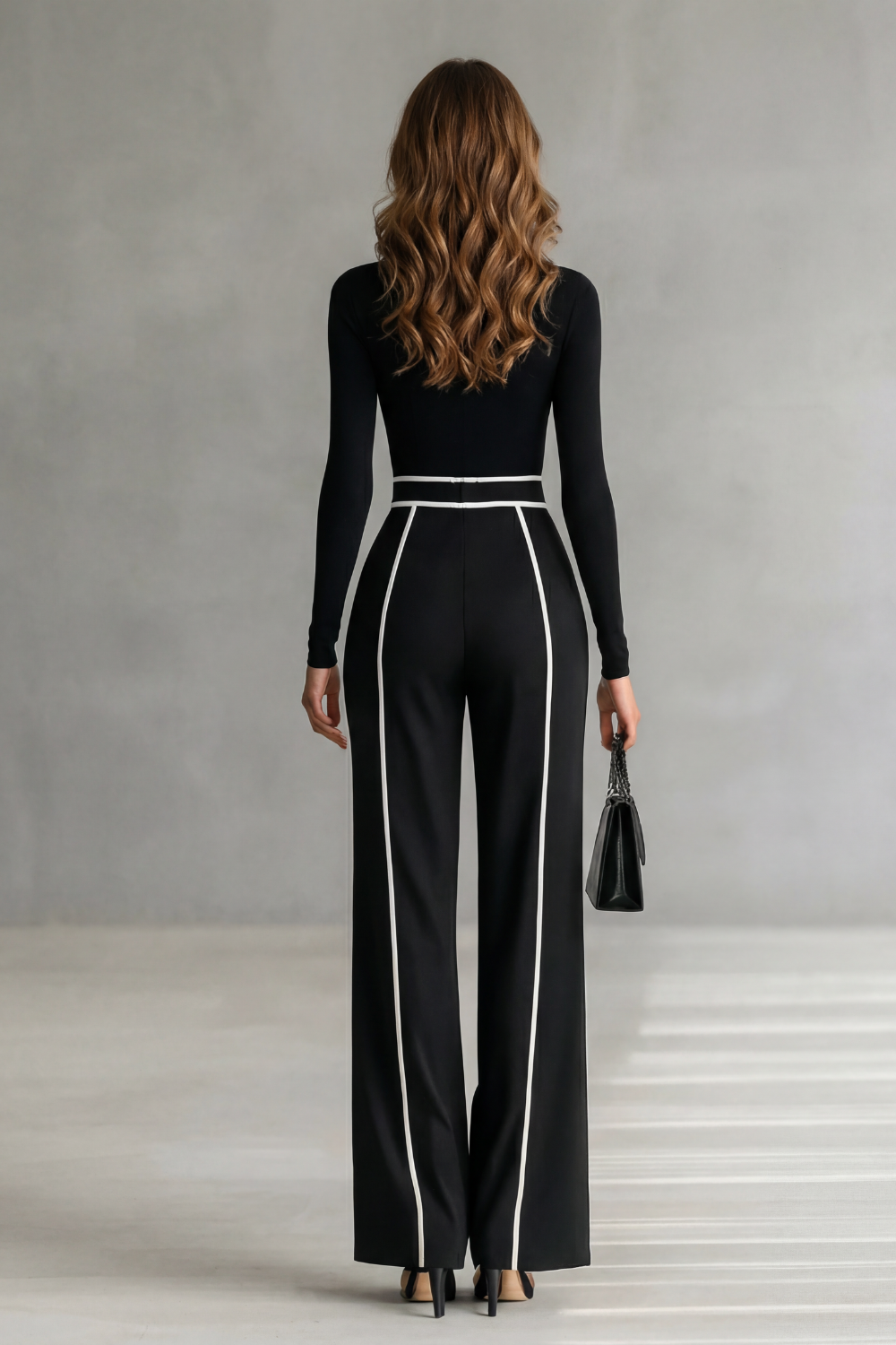 Phoebe | Long Sleeve Jumpsuit Black White Contrast Piping Turtleneck for Women