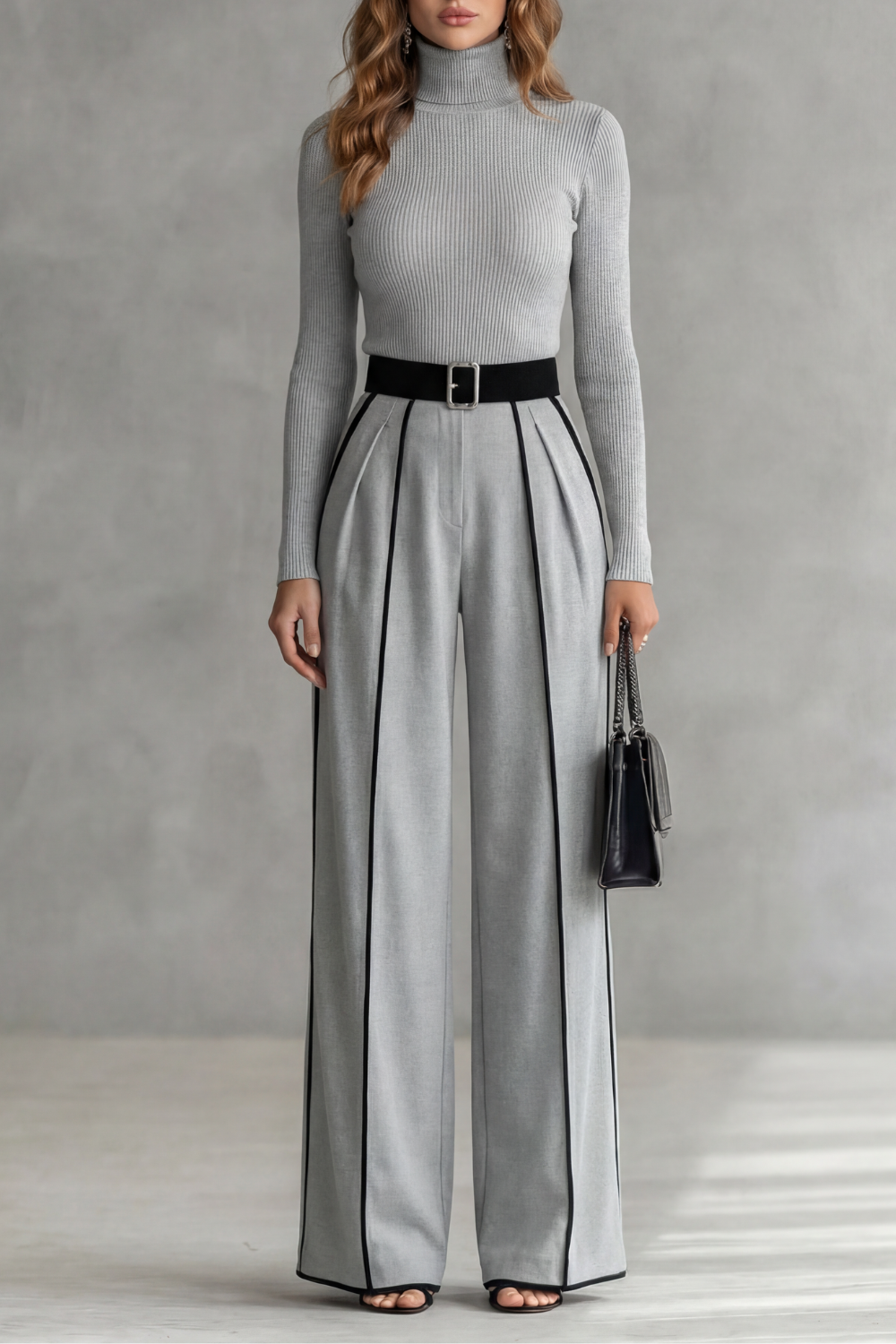 Phoebe | Long Sleeve Jumpsuit Black White Contrast Piping Turtleneck for Women