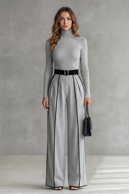 Phoebe | Long Sleeve Jumpsuit Black White Contrast Piping Turtleneck for Women