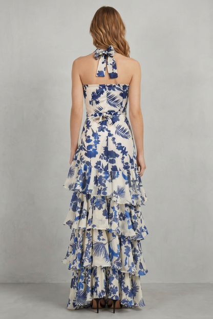 Elspeth | Maxi Dress Ivory Blue Floral Halter Tiered Ruffle for Women