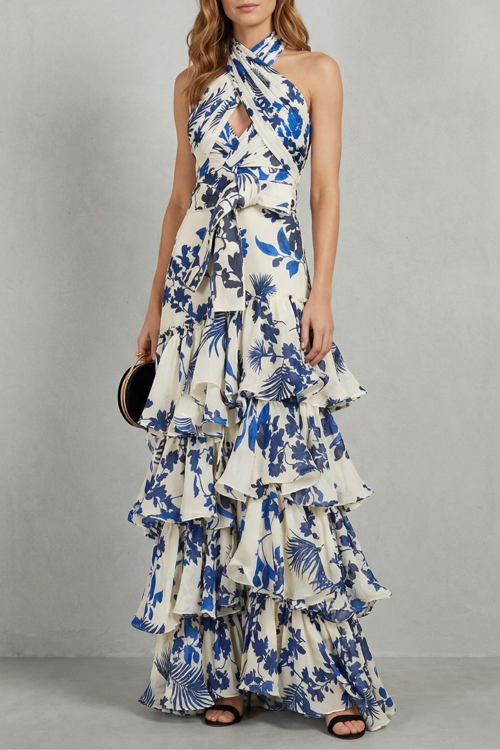 Elspeth | Maxi Dress Ivory Blue Floral Halter Tiered Ruffle for Women