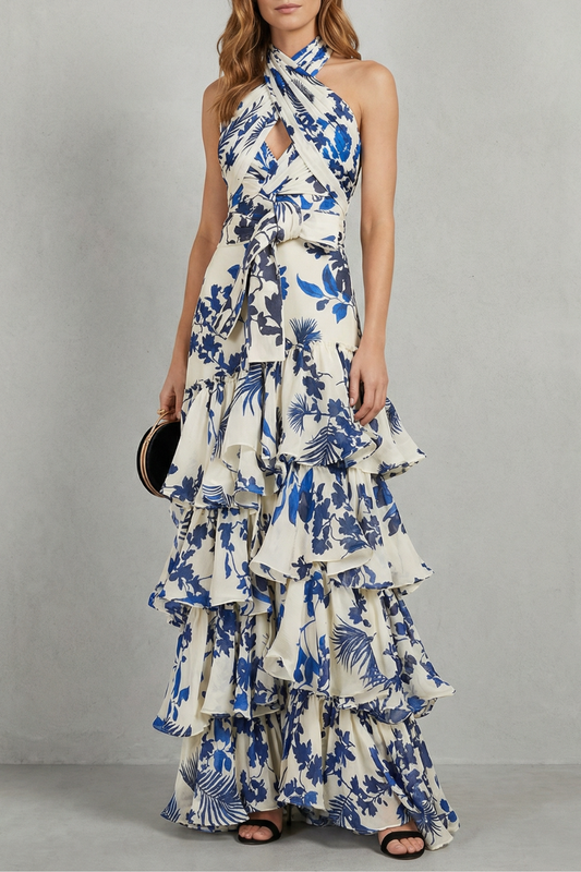 Elspeth | Maxi Dress Ivory Blue Floral Halter Tiered Ruffle for Women