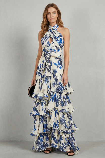 Elspeth | Maxi Dress Ivory Blue Floral Halter Tiered Ruffle for Women