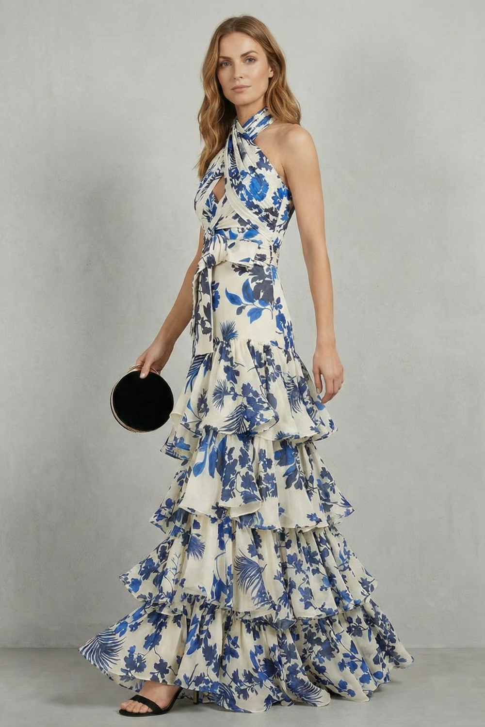 Elspeth | Maxi Dress Ivory Blue Floral Halter Tiered Ruffle for Women