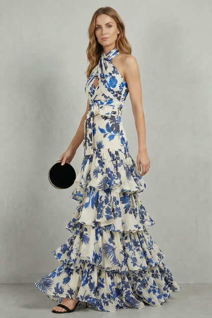 Elspeth | Maxi Dress Ivory Blue Floral Halter Tiered Ruffle for Women