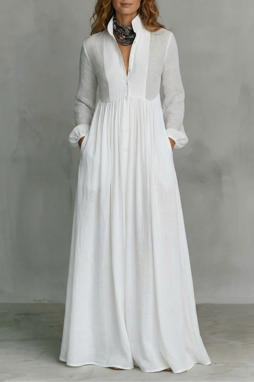 Cressida | Maxi Shirt Dress White Linen Long Sleeve Pintuck for Women