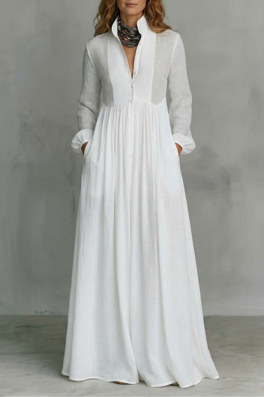 Cressida | Maxi Shirt Dress White Linen Long Sleeve Pintuck for Women
