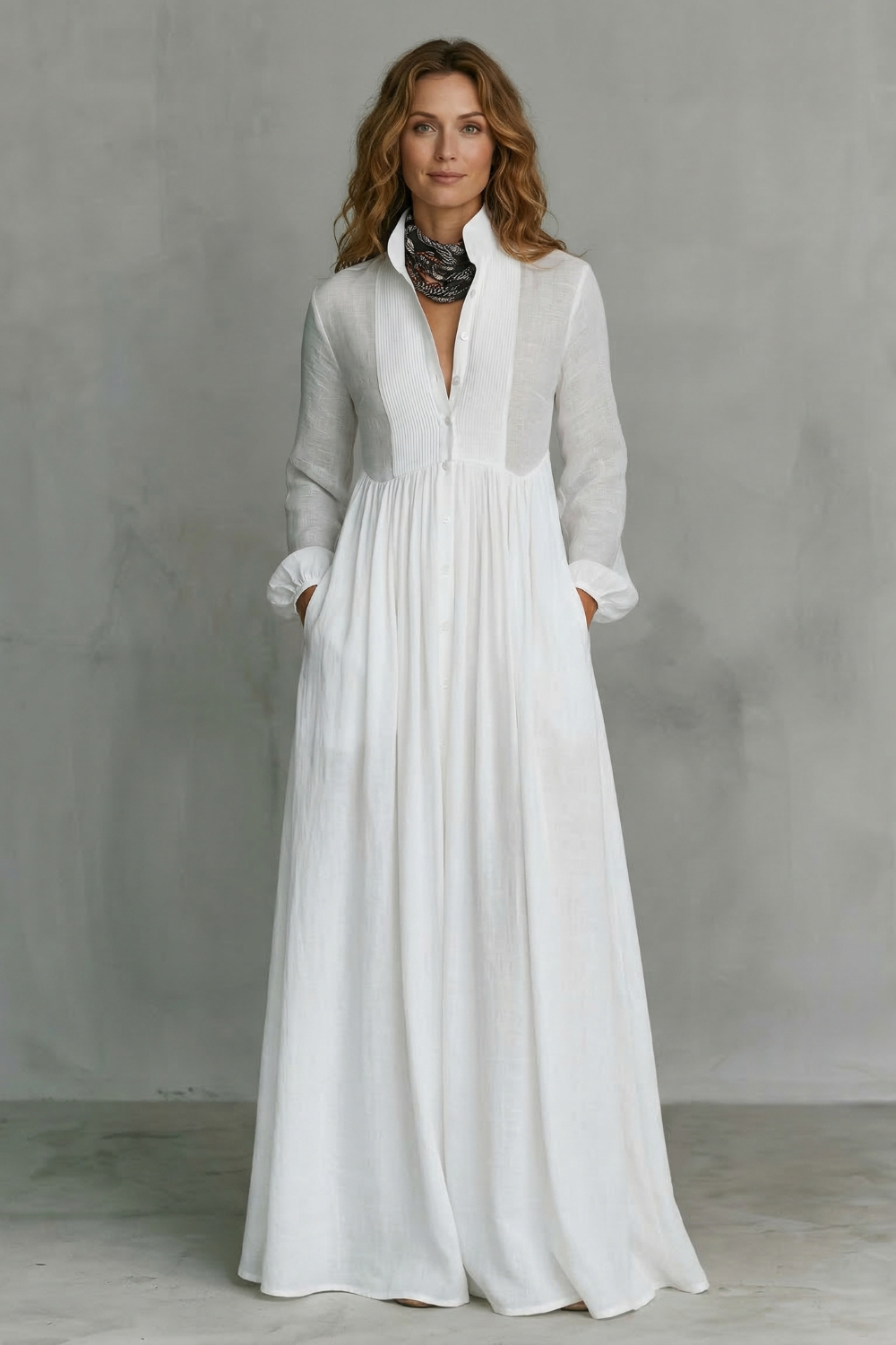Cressida | Maxi Shirt Dress White Linen Long Sleeve Pintuck for Women