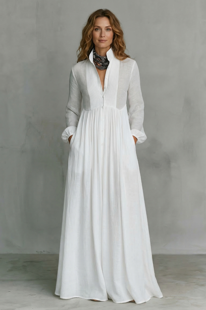 Cressida | Maxi Shirt Dress White Linen Long Sleeve Pintuck for Women