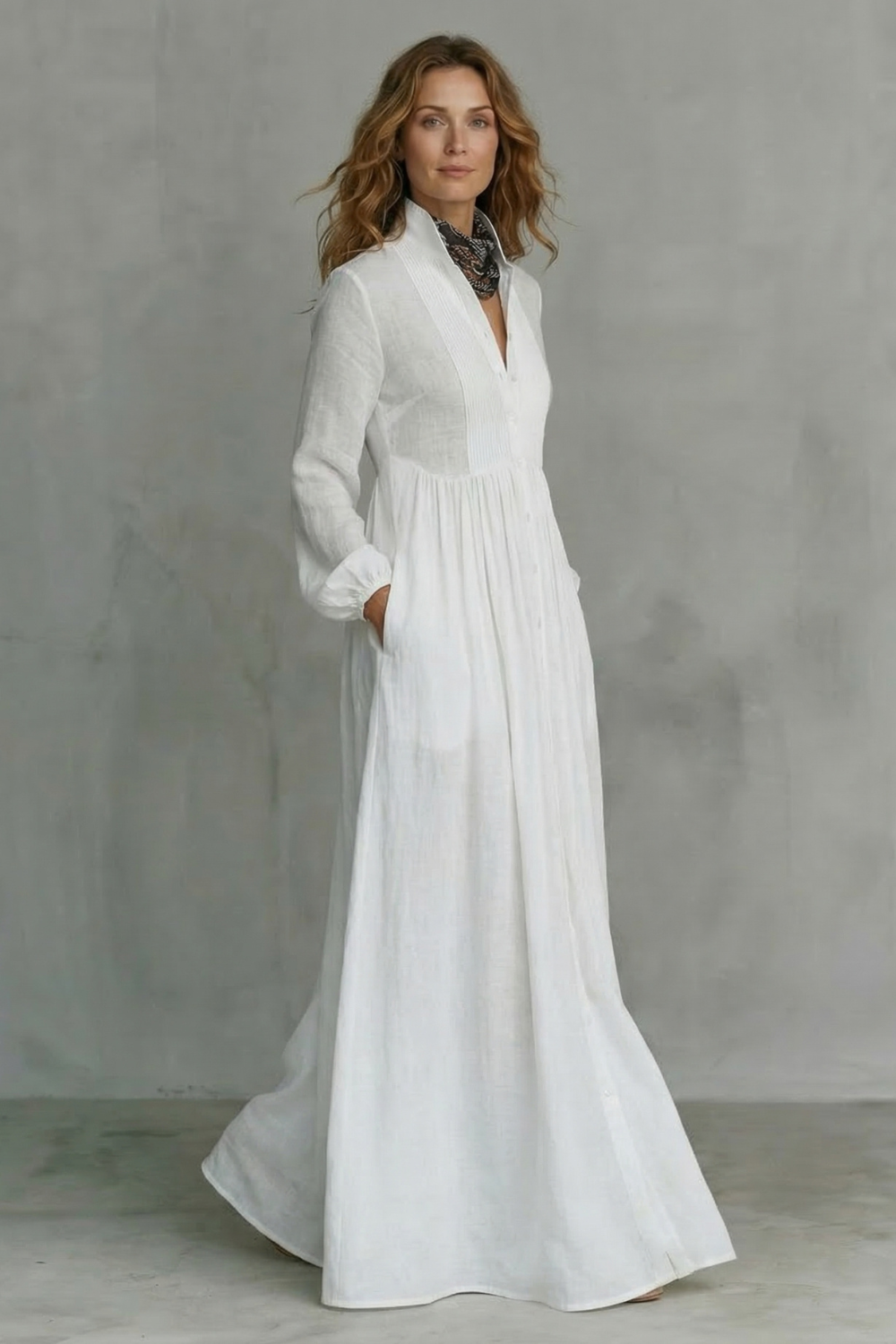Cressida | Maxi Shirt Dress White Linen Long Sleeve Pintuck for Women