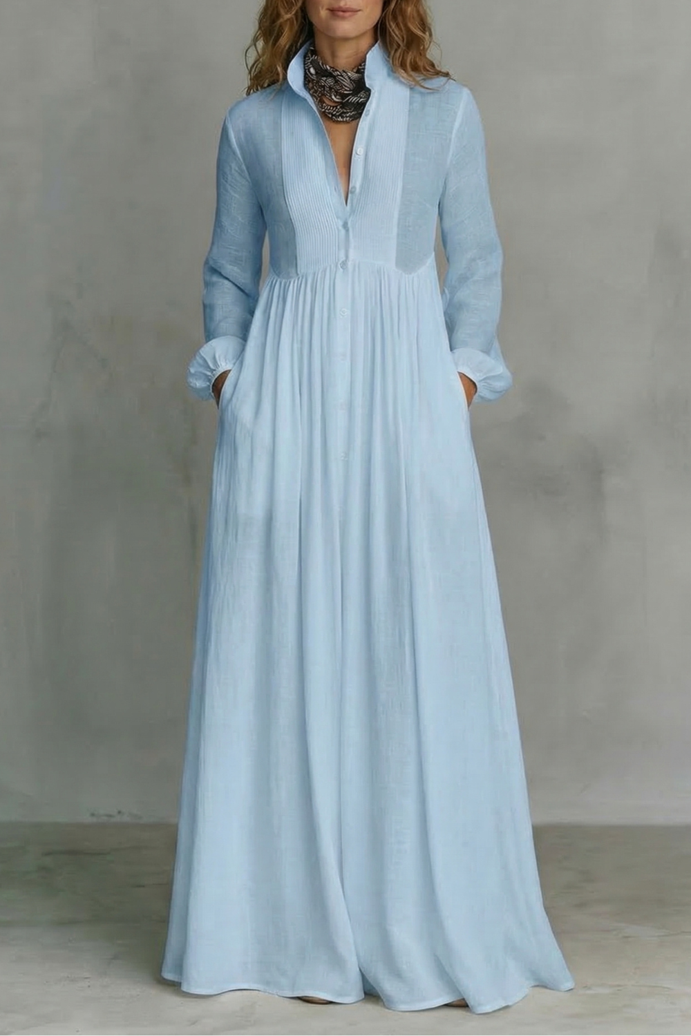 Cressida | Maxi Shirt Dress White Linen Long Sleeve Pintuck for Women