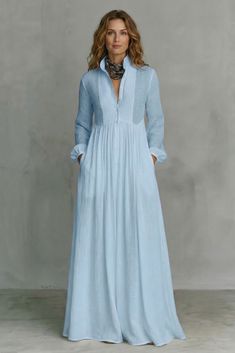 Cressida | Maxi Shirt Dress White Linen Long Sleeve Pintuck for Women