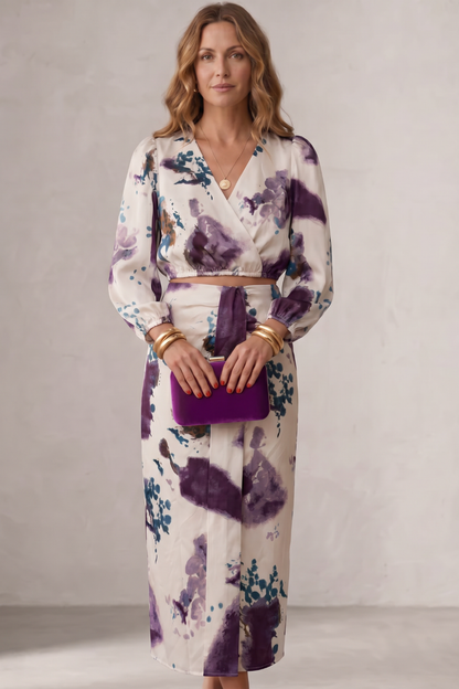 Lunette | Midi Outfit Set Ivory Purple Watercolour Floral Satin for Women