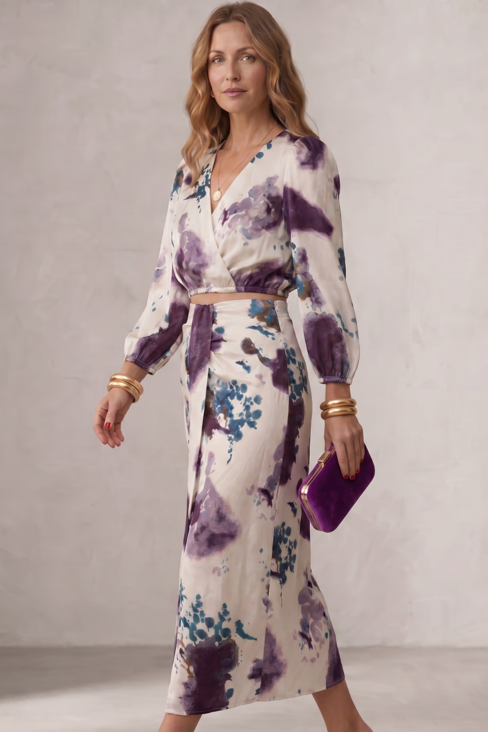 Lunette | Midi Outfit Set Ivory Purple Watercolour Floral Satin for Women