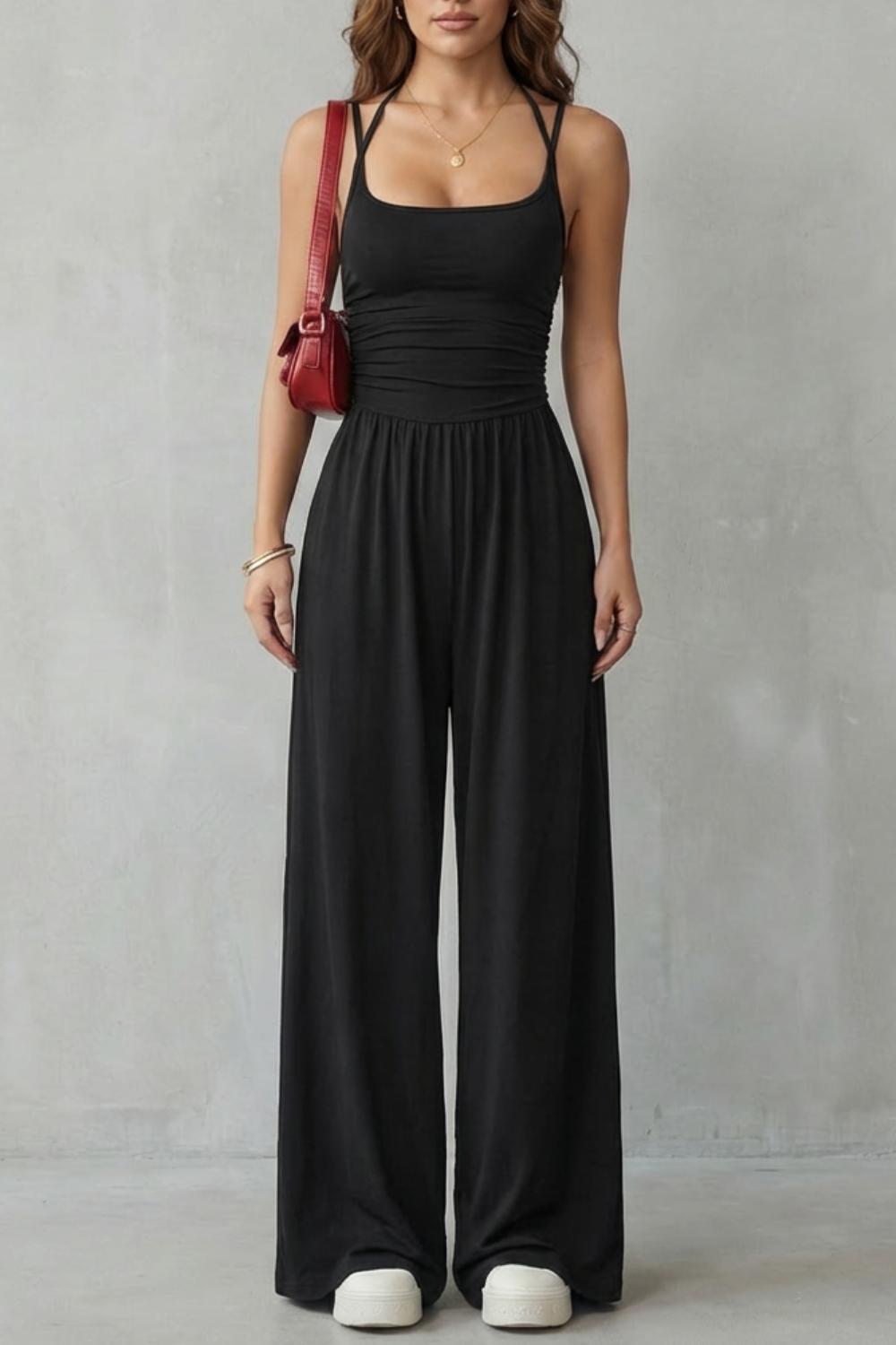 Darcy | Wide-Leg Jumpsuit Black Jersey Sleeveless Ruched for Women