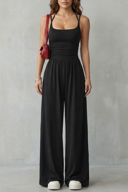 Darcy | Wide-Leg Jumpsuit Black Jersey Sleeveless Ruched for Women