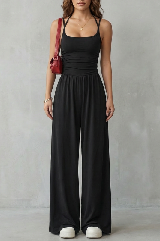 Darcy | Wide-Leg Jumpsuit Black Jersey Sleeveless Ruched for Women