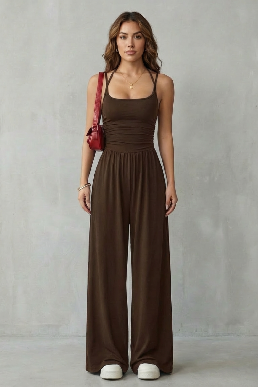 Darcy | Wide-Leg Jumpsuit Black Jersey Sleeveless Ruched for Women