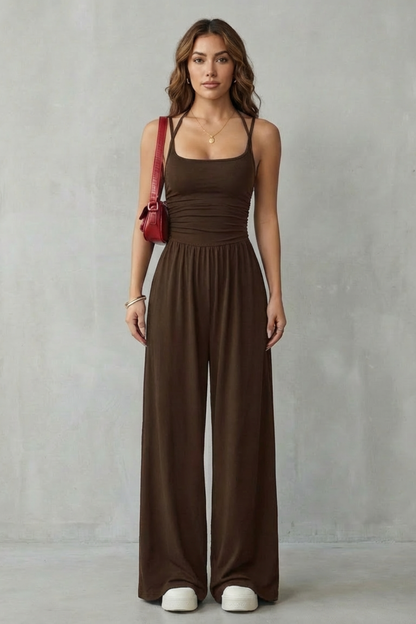 Darcy | Wide-Leg Jumpsuit Black Jersey Sleeveless Ruched for Women