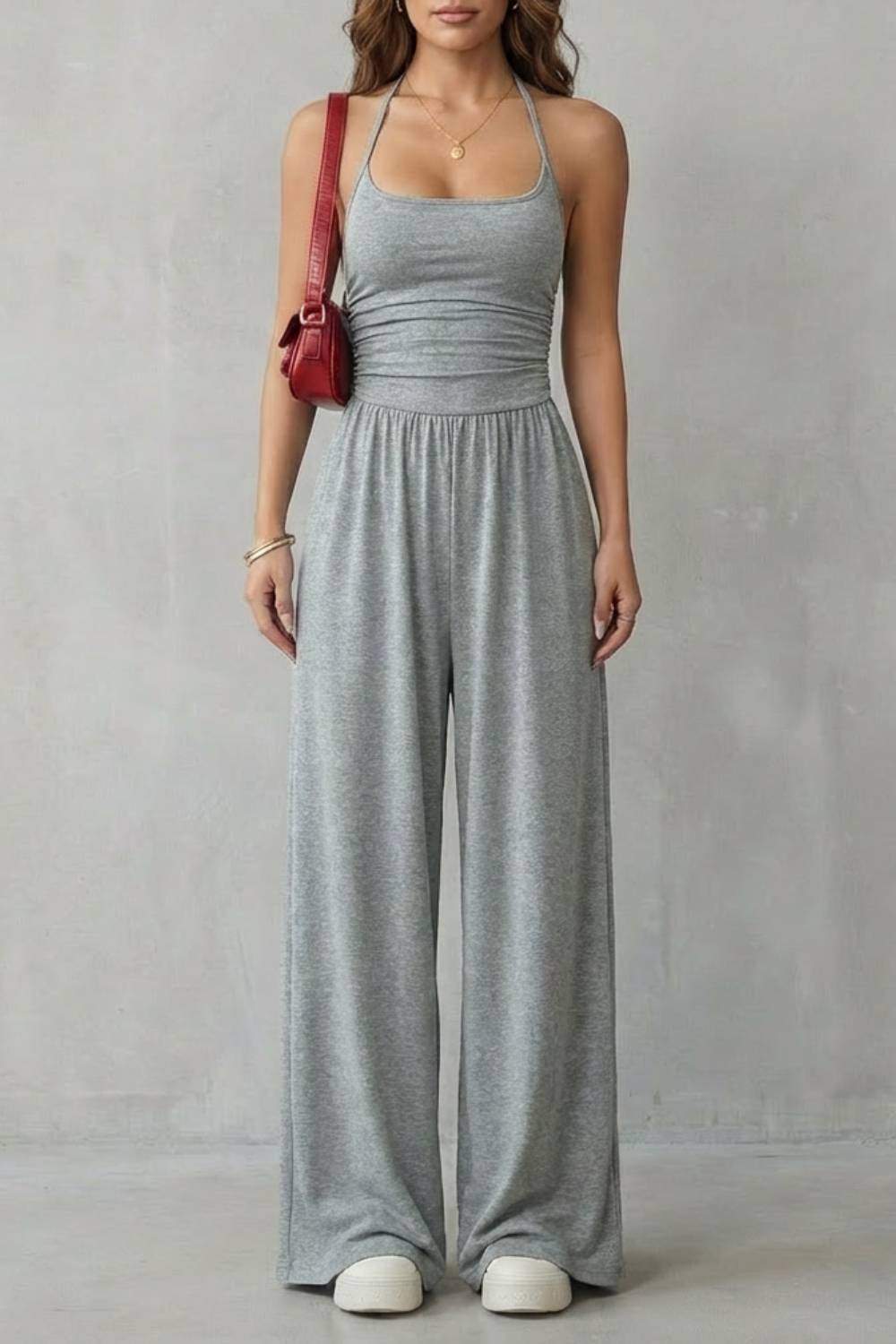 Darcy | Wide-Leg Jumpsuit Black Jersey Sleeveless Ruched for Women