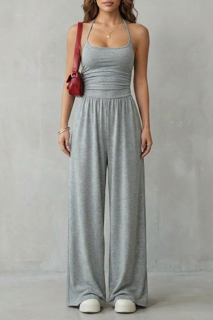 Darcy | Wide-Leg Jumpsuit Black Jersey Sleeveless Ruched for Women
