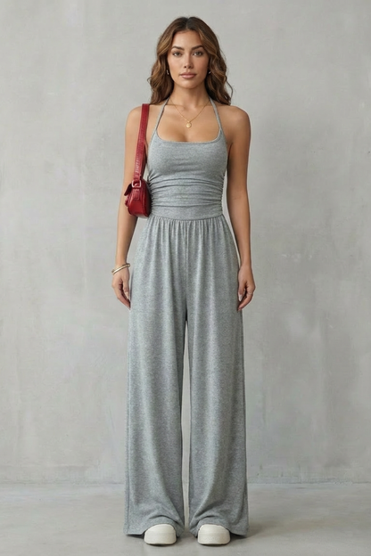 Darcy | Wide-Leg Jumpsuit Black Jersey Sleeveless Ruched for Women